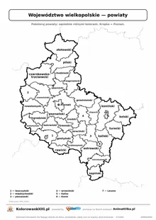 Mapa konturowa województwa wielkopolskiego z powiatami do pokolorowania — karta pracy A4, klasy 4–6