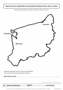 Prosta mapa konturowa województwa zachodniopomorskiego ze stolicą i miastami — dla zerówki i klasy 1