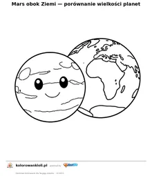 Mars obok Ziemi — porównanie wielkości planet — kolorowanka do wydruku dla dzieci