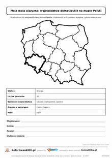 Województwo dolnośląskie wyróżnione na mapie Polski z kartą faktów — Moja mała ojczyzna, karta do druku