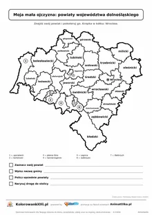 Powiaty województwa dolnośląskiego z zadaniami: znajdź swój powiat i gminę — karta do druku