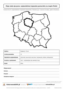 Województwo kujawsko-pomorskie wyróżnione na mapie Polski z kartą faktów — Moja mała ojczyzna, karta do druku