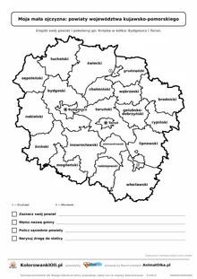 Powiaty województwa kujawsko-pomorskiego z zadaniami: znajdź swój powiat i gminę — karta do druku