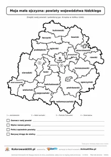 Powiaty województwa łódzkiego z zadaniami: znajdź swój powiat i gminę — karta do druku