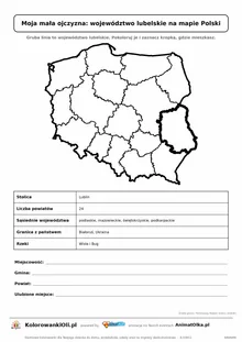 Województwo lubelskie wyróżnione na mapie Polski z kartą faktów — Moja mała ojczyzna, karta do druku