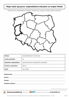 Województwo lubuskie wyróżnione na mapie Polski z kartą faktów — Moja mała ojczyzna, karta do druku