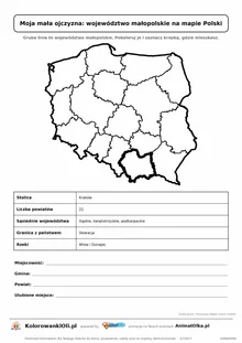 Województwo małopolskie wyróżnione na mapie Polski z kartą faktów — Moja mała ojczyzna, karta do druku