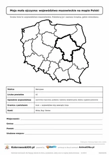 Województwo mazowieckie wyróżnione na mapie Polski z kartą faktów — Moja mała ojczyzna, karta do druku