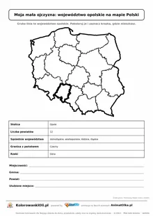 Województwo opolskie wyróżnione na mapie Polski z kartą faktów — Moja mała ojczyzna, karta do druku