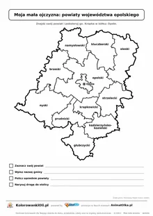 Powiaty województwa opolskiego z zadaniami: znajdź swój powiat i gminę — karta do druku