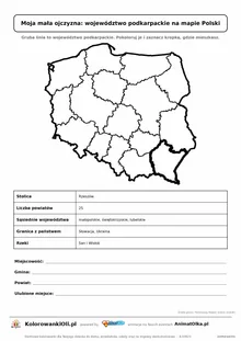 Województwo podkarpackie wyróżnione na mapie Polski z kartą faktów — Moja mała ojczyzna, karta do druku