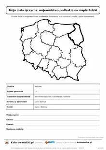 Województwo podlaskie wyróżnione na mapie Polski z kartą faktów — Moja mała ojczyzna, karta do druku