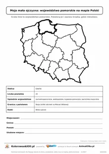 Województwo pomorskie wyróżnione na mapie Polski z kartą faktów — Moja mała ojczyzna, karta do druku