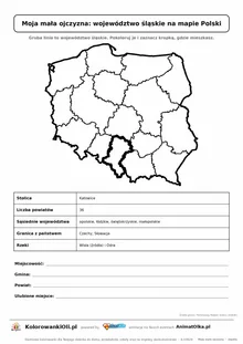 Województwo śląskie wyróżnione na mapie Polski z kartą faktów — Moja mała ojczyzna, karta do druku