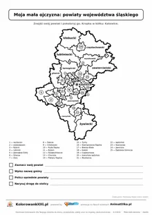 Powiaty województwa śląskiego z zadaniami: znajdź swój powiat i gminę — karta do druku