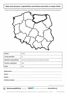 Województwo warmińsko-mazurskie wyróżnione na mapie Polski z kartą faktów — Moja mała ojczyzna, karta do druku