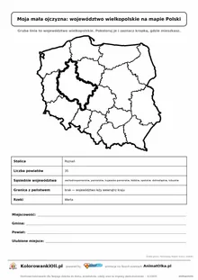 Województwo wielkopolskie wyróżnione na mapie Polski z kartą faktów — Moja mała ojczyzna, karta do druku