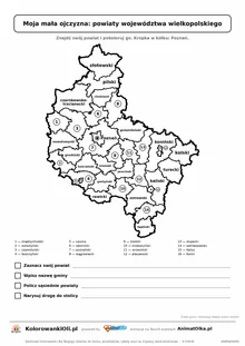 Powiaty województwa wielkopolskiego z zadaniami: znajdź swój powiat i gminę — karta do druku