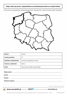 Województwo zachodniopomorskie wyróżnione na mapie Polski z kartą faktów — Moja mała ojczyzna, karta do druku