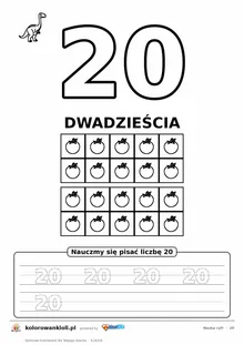 Nauka cyfr: liczba 20 (dwadzieścia) do pokolorowania, ramka dziesiątkowa z obrazkami do policzenia i kropkowane cyfry do obrysowania — karta do druku