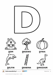 Litera D do kolorowania i sześć obrazków: dom, drzewo, dynia, delfin, drabina i dinozaur — karta do nauki liter do druku