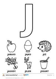 Litera J do kolorowania i sześć obrazków: jabłko, jajko, jeż, jagody, jeleń i jogurt — karta do nauki liter do druku