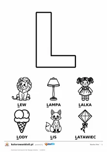 Litera L do kolorowania i sześć obrazków: lew, lampa, lalka, lody, lis i latawiec — karta do nauki liter do druku