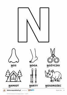 Litera N do kolorowania i sześć obrazków: nos, noga, nożyczki, namiot, narty i nosorożec — karta do nauki liter do druku