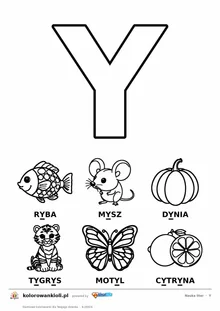 Litera Y do kolorowania i sześć obrazków: ryba, mysz, dynia, tygrys, motyl i cytryna — karta do nauki liter do druku