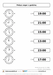 Połącz godzinę popołudniową z zapisem 24-godzinnym (3:00, 9:00, 5:00, 11:00, 1:00, 7:00 → 15:00…) — karta pracy klasa 3, z kl