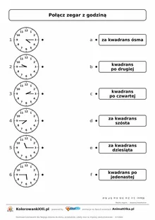 Połącz zegar z nazwą kwadransa — 4:15, 9:45, 2:15, 7:45, 11:15, 5:45; karta pracy nauka zegara klasa 2–3, z kluczem