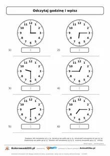 Pełne, wpół i kwadranse na zmianę (3:00, 6:15, 9:30, 12:45, 2:30, 7:15) — karta powtórkowa nauka zegara klasa 2–3, z kluczem