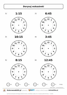 Dorysuj wskazówki: kwadranse 1:15, 6:45, 10:15, 3:45, 8:15, 12:45 — karta pracy nauka zegara klasa 2–3, z kluczem, do druku