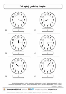 Kwadrans po — odczytaj godziny 3:15, 8:15, 12:15, 5:15, 10:15, 1:15 na zegarze, zapisz cyframi i słownie; karta pracy klasa 2