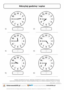 Za kwadrans — odczytaj godziny 2:45, 7:45, 11:45, 4:45, 9:45, 6:45, zapis cyfrowy i słowny; karta pracy nauka zegara klasa 2–