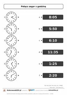 Połącz zegar wskazówkowy z elektronicznym — 2:20, 5:50, 8:05, 11:35, 1:25, 6:10; karta pracy nauka zegara klasa 3, z kluczem