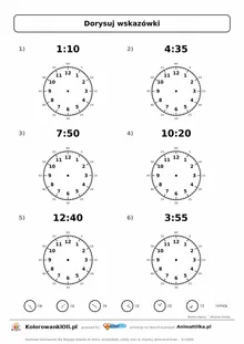 Dorysuj wskazówki: minuty co 5 (1:10, 4:35, 7:50, 10:20, 12:40, 3:55) — karta pracy nauka zegara klasa 3, z kluczem