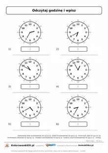 Minuty na zegarze — druga połowa godziny (2:35, 6:40, 10:50, 12:55, 4:40, 8:35), „za …”; karta pracy klasa 3 z kluczem, do dr