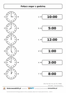 Połącz zegar z godziną cyfrową — pełne godziny 3:00, 8:00, 12:00, 5:00, 10:00, 1:00, karta pracy klasa 1, nauka zegara, z klu