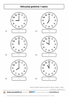 Pełne godziny 7–12 na zegarze — karta pracy klasa 1: tarcze 9:00, 7:00, 12:00, 10:00, 8:00, 11:00, wpisz godzinę cyframi, klu