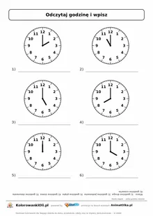 Pełne godziny na zegarze — zapisz słownie: 6 tarcz (2:00, 11:00, 5:00, 8:00, 12:00, 4:00), karta pracy klasa 1 z kluczem, do 