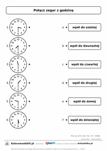 Połącz zegar z nazwą „wpół do” — 3:30, 7:30, 11:30, 1:30, 9:30, 5:30; karta pracy nauka zegara klasa 2, z kluczem