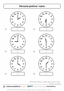 Pełne godziny i wpół do na zmianę (2:00, 6:30, 9:00, 11:30, 4:00, 1:30) — karta powtórkowa nauka zegara klasa 2, z kluczem