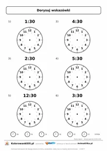 Dorysuj wskazówki: wpół do (1:30, 4:30, 2:30, 5:30, 12:30, 3:30) — karta pracy nauka zegara klasa 2 z kluczem, do druku