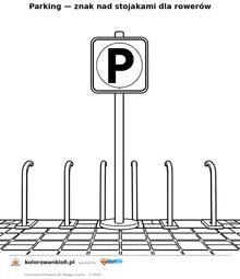 Parking — znak nad stojakami dla rowerów — kolorowanka do wydruku dla dzieci
