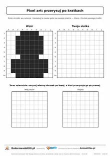 Pixel art bałwan do przerysowania po kratkach — wzór i pusta siatka 10×10, karta pracy do druku