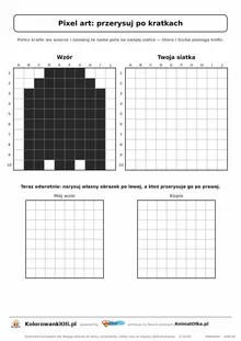 Pixel art duch do przerysowania po kratkach — wzór i pusta siatka 10×10, karta pracy do druku