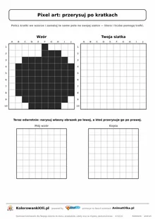 Pixel art jabłko do przerysowania po kratkach — wzór i pusta siatka 10×10, karta pracy do druku