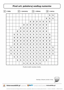 Pixel art według numerów Mikołaj — siatka 16×16 z cyframi 1–4 i legendą kolorów, kolorowanka pikselowa do druku