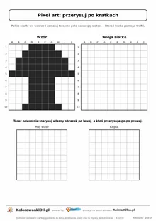 Pixel art muchomor do przerysowania po kratkach — wzór i pusta siatka 10×10, karta pracy do druku